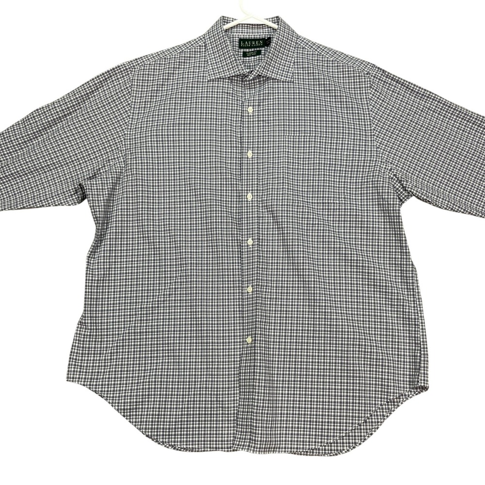 Lauren Ralph‎ Lauren Mens Gray White Dress Shirt 17.5 32/33 Gingham Check EUC